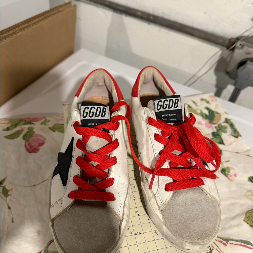 GGDB White Sneakers with Red Laces